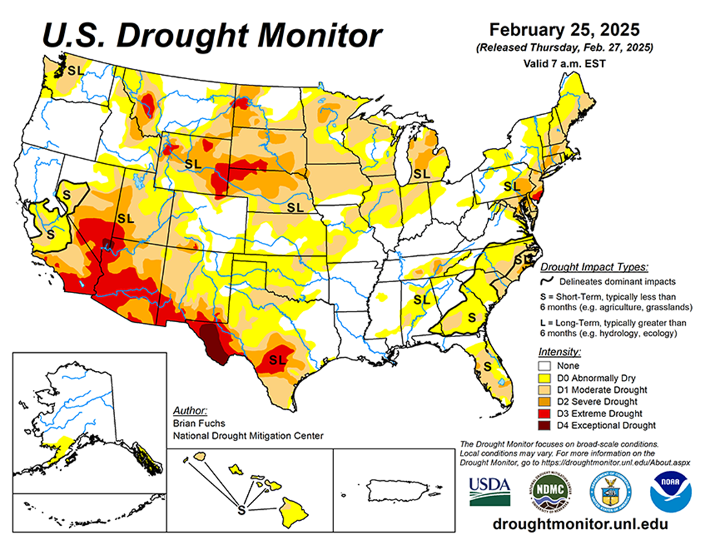 41.68% of the Lower 48 States are in Drought compared to 39.97% Last Week