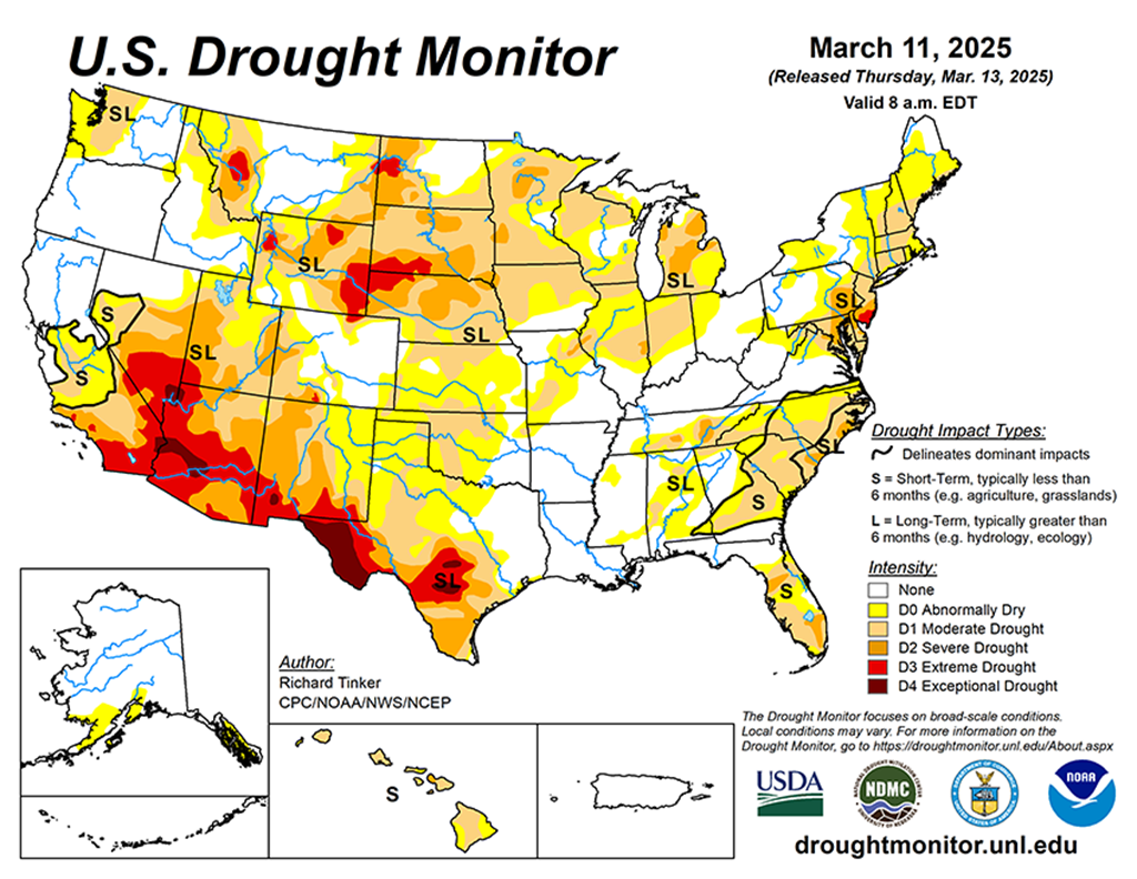 43.59% of the Lower 48 States are in Drought compared to 44.41% Last Week